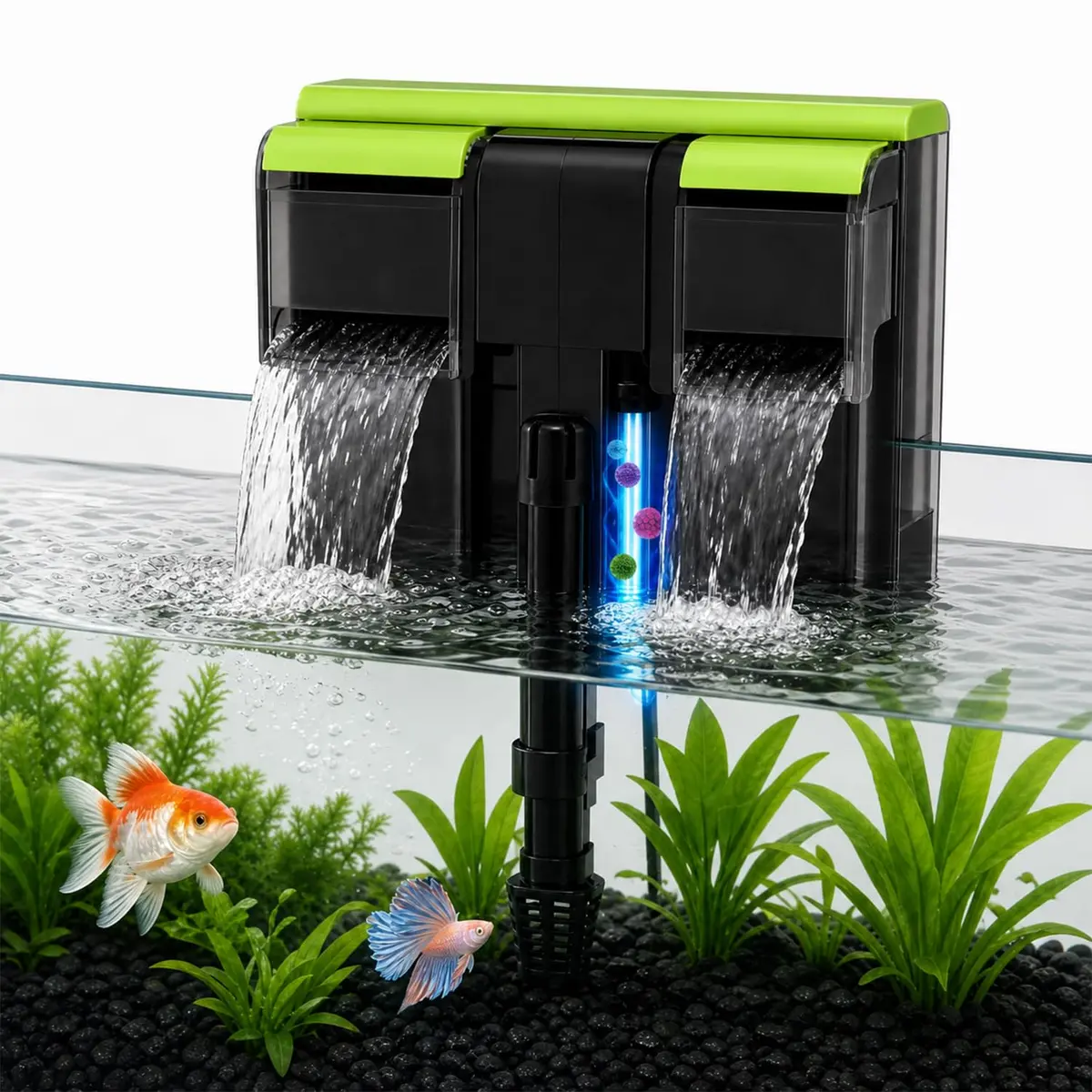 Dupla Filtro para Aquário Hang On Silencioso com Luz UV para Aquario, Fluxo Ajustável de 650 L/h, para Filtragem de Água em Aquários de 10–100L