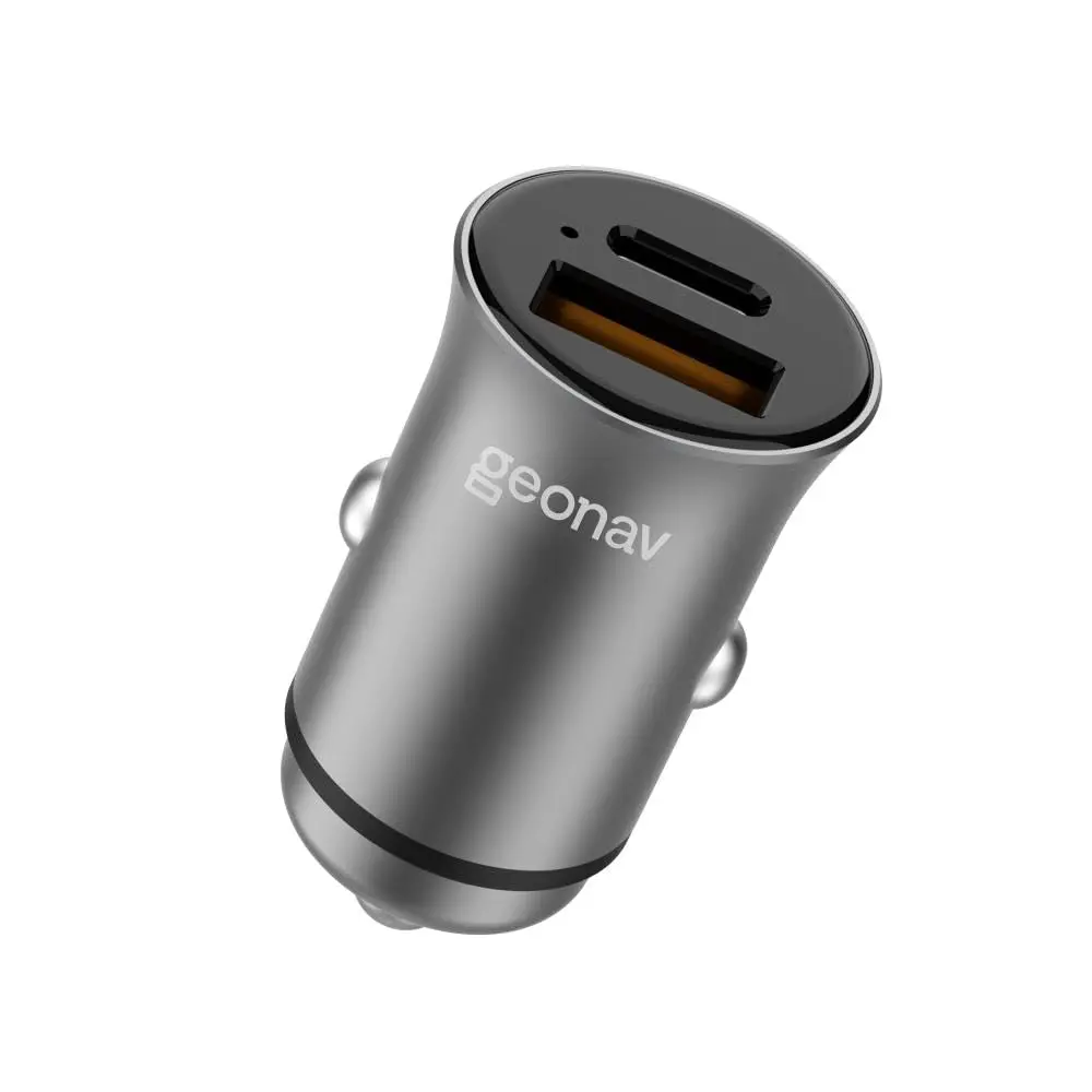 Geonav Carregador Veicular SuperPower Mini 20W Carregamento Rápido, 2 portas - 1 USB A (18W Quick charge) e 1 USB C ( Power Delivery), CHV20PDQCSG, Alumínio Cinza
