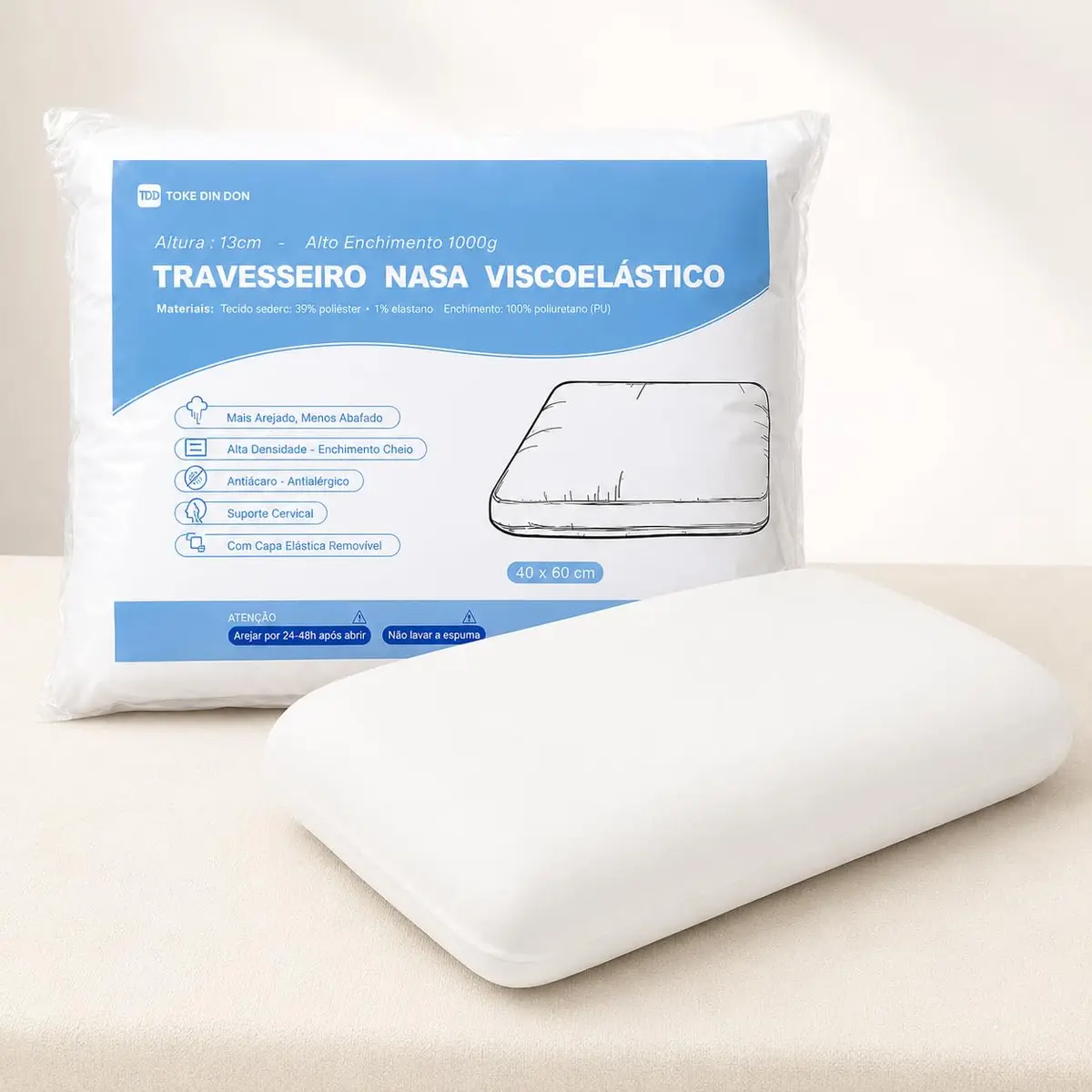TOKE DIN DON Travesseiro Nasa em Espuma Viscoelástica Verdadeira D40, 13cm | Alto Enchimento 1050g, Suporte Cervical, Confortável, Espuma Inteira, Antiácaro, Mais Arejado, para Fronha 50x70cm, Branco - 1