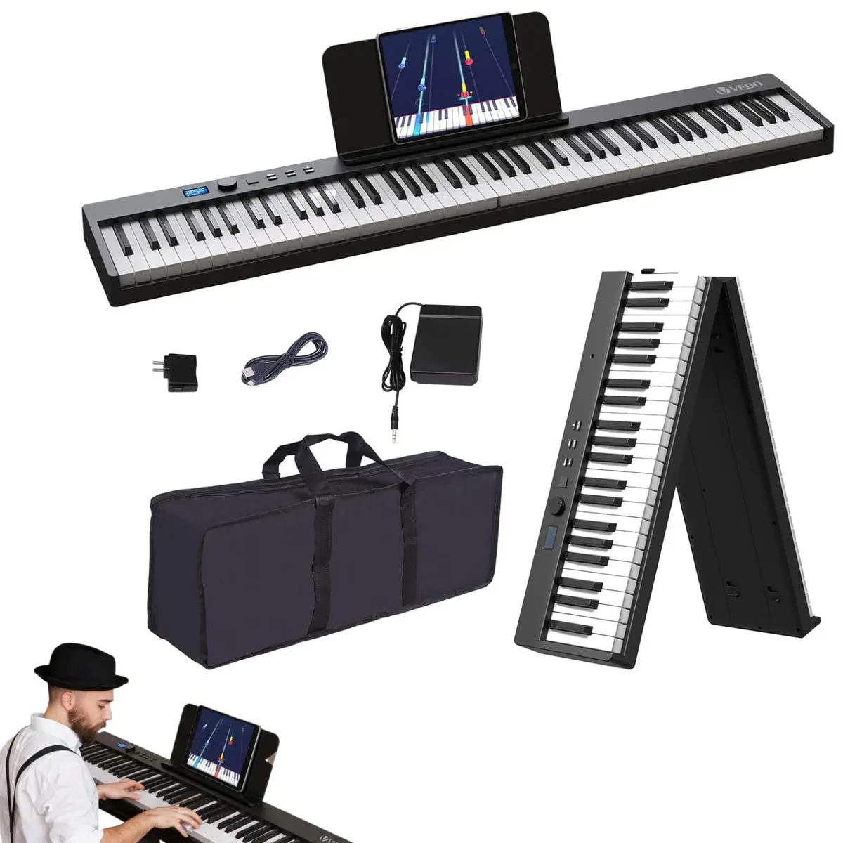 VEDO Piano Digital DobráVel Kit, 88 Teclas Semipesadas, Recarregável, 128 Tons, 128 Ritmos, 20 CançõEs de DemonstraçãO, USB-MIDI, Pedal SustentaçãO, Suporte MúSica Para Presentes Iniciantes, Preto