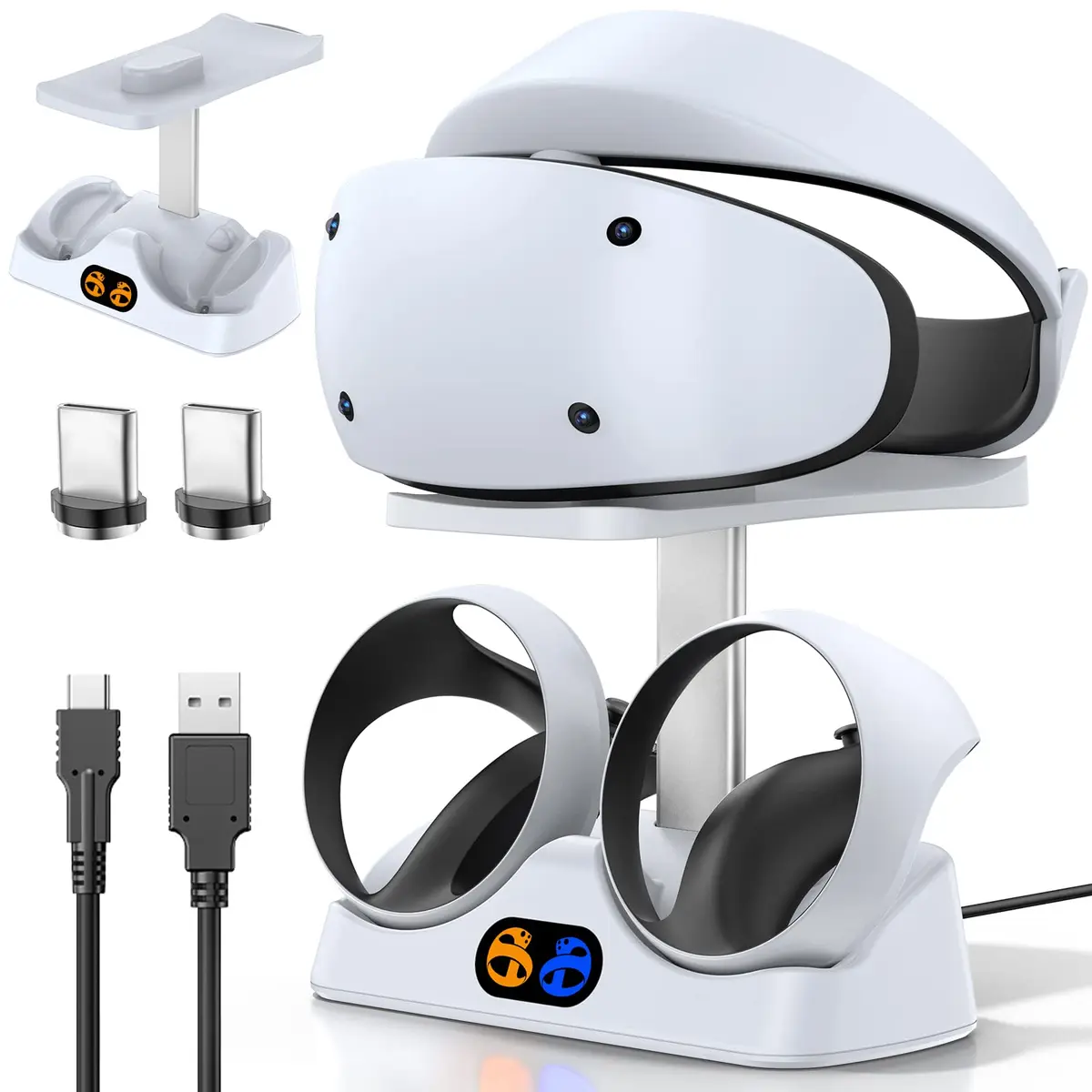 Base de carregamento de controle para PS5 VR2, estação de carregamento PSVR 2 com suporte para fone de ouvido VR, carregador de controle PS VR2 para acessórios PSVR2 com indicador LED, 2 fechos