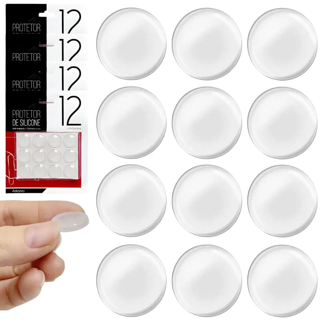 Kit C/48 Protetores de Silicone 2x2cm Anti Impacto Transparente | Adesivo amortecedor que evita riscos, batidas e ruídos em móveis, portas, gavetas, armários e eletrodomésticos.