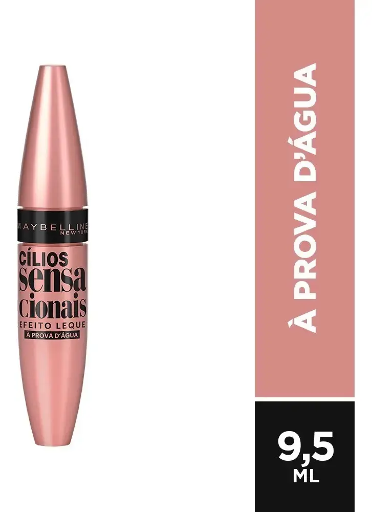 Máscara de Cílios À Prova d'Água, Efeito Leque Volume e Definição Longa Duração, Não Empelota e Não Forma Grumos, Cor Preto Intenso, Cílios Sensacionais Maybelline NY 9,5ml