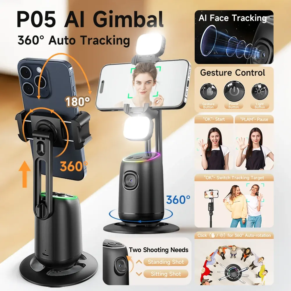P05 Gimbal de Celular com Rastreamento AI, Estabilizador 360° de Rosto com Rotação Automática, Suporte Portátil de Mesa para Lives e Fotos - 1