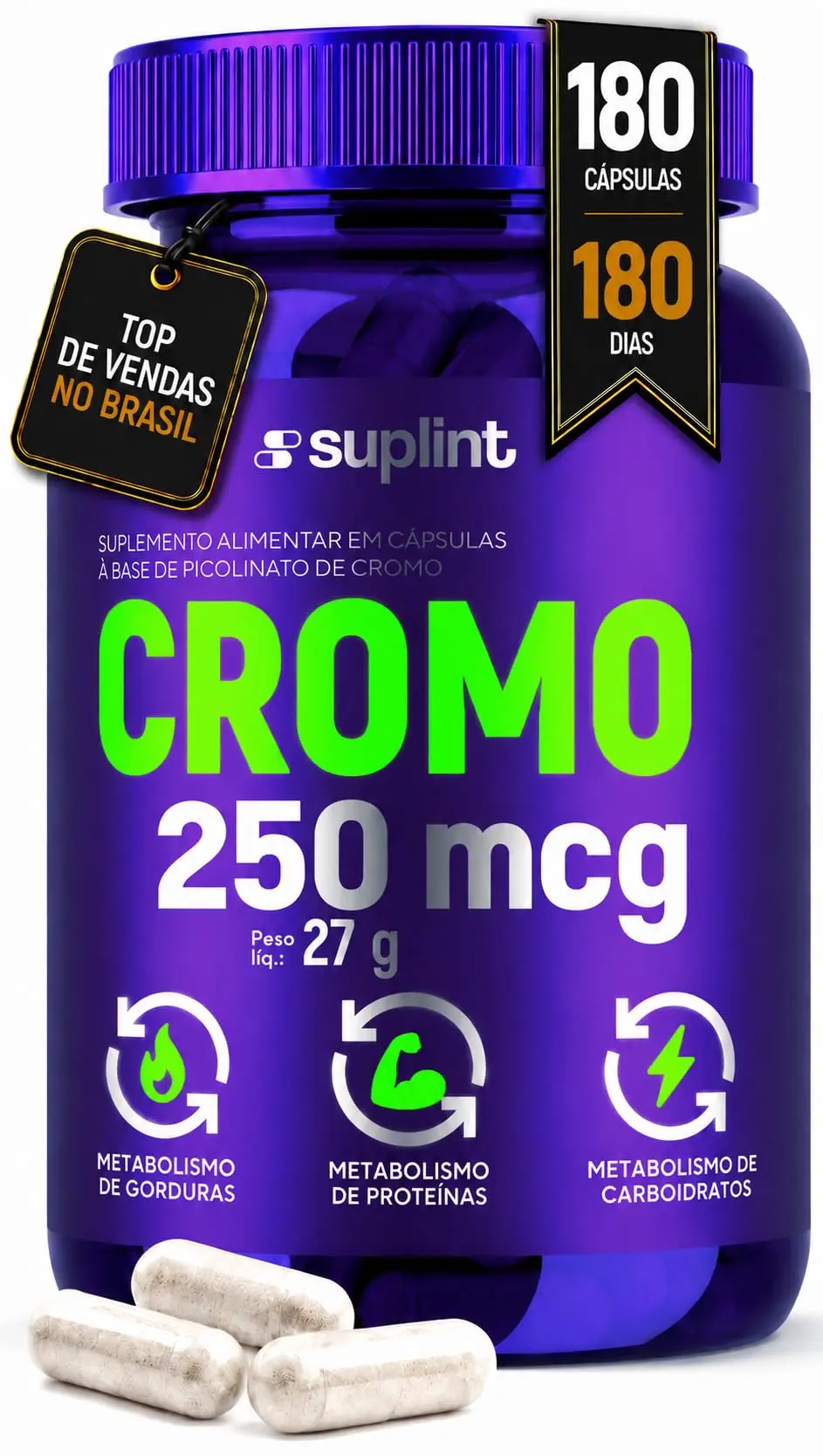 Picolinato de Cromo 250 mcg – Suplemento Mineral – Sem Glúten, Sem OGM – 180 Cápsulas - 1