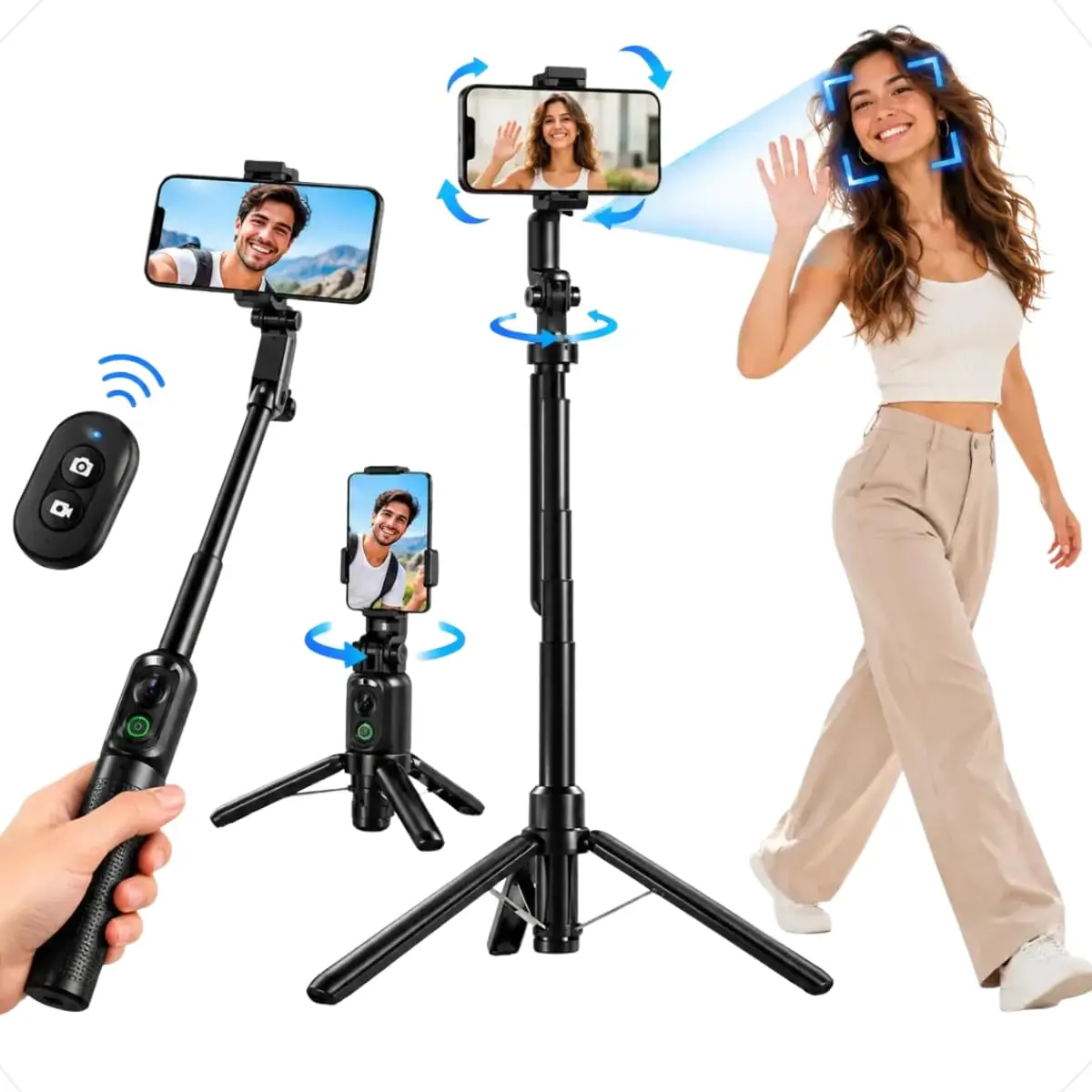 Tripé Gimbal Celular com IA, 163,5cm, 3 em 1 | Rastreamento Facial 360°, Controle por Gestos, Panorama Automático, Compatível Android e iPhone