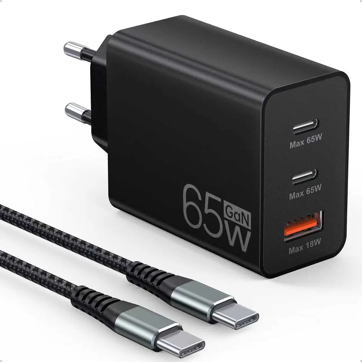 Carregador USB C de 65 W,carregador rápido USB de 3 portas com cabo de carregamento de 2 m,fonte de alimentação USB C para MacBook Air Pro M1/M2,iPhone 16 Pro/Max/15/14,Galaxy,tablet,laptop,etc.