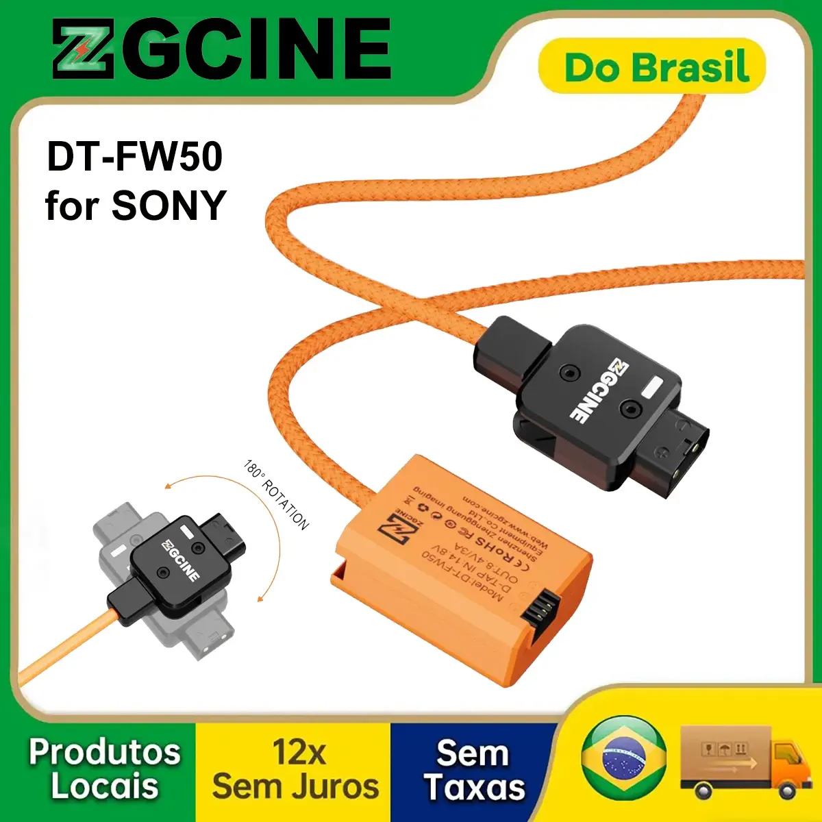 Cabo de Bateria Falsa ZGCINE DT-FW50 D-Tap para NP-FW50 com Fio Trançado para Sony A6000 A6400 A6500 A7II ZV-E10 NEX-5T para Filmagem ao Ar Livre e Transmissão ao Vivo