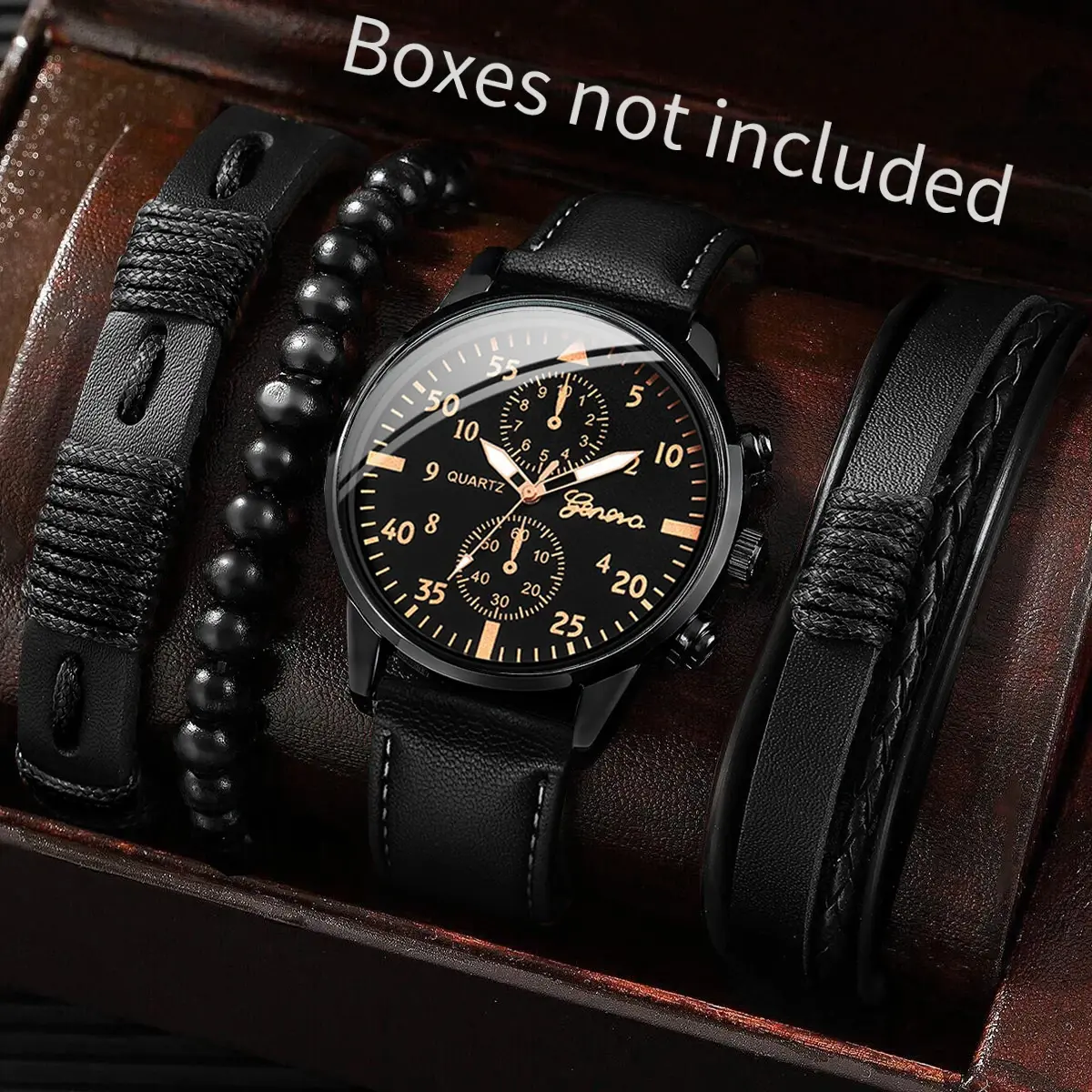 4 peças relógios de negócios masculinos moda pulseira de couro relógio analógico de quartzo com conjunto de pulseiras tecidas (sem caixa) - 1