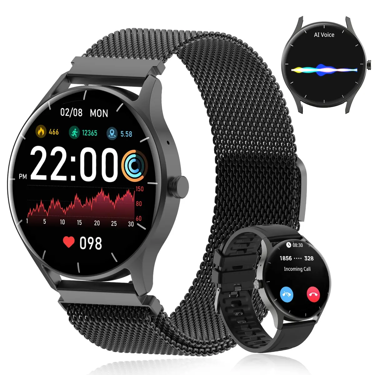 Smartwatch PEJE ZW02 com Chamadas, Pulseira Extra e 123+ Modos Esportivos | Tela HD de 1,28”, IP68, Bateria de 3–7 dias, Notificações, Música, Clima, iOS/Android,Preto com Fecho Magnético - 1