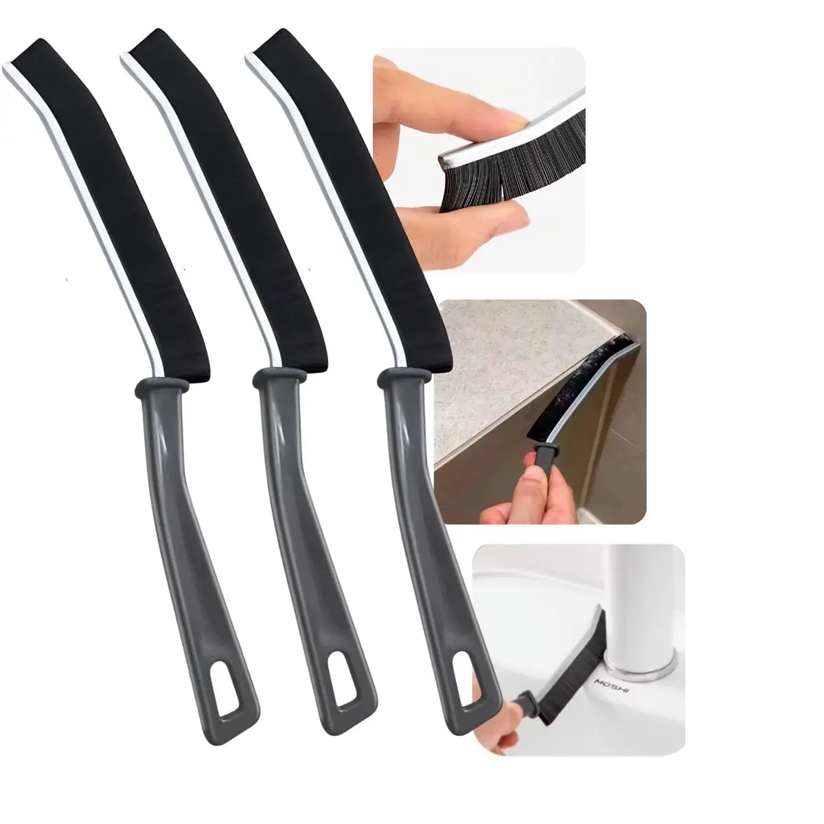 Kit 3 Escovas de Limpeza para Cantos Difíceis – Escova Multiuso para Fendas, Trilhos, Rejuntes, Janela, Chuveiro e Ar-Condicionado – Limpeza Profunda com Cerdas Resistentes