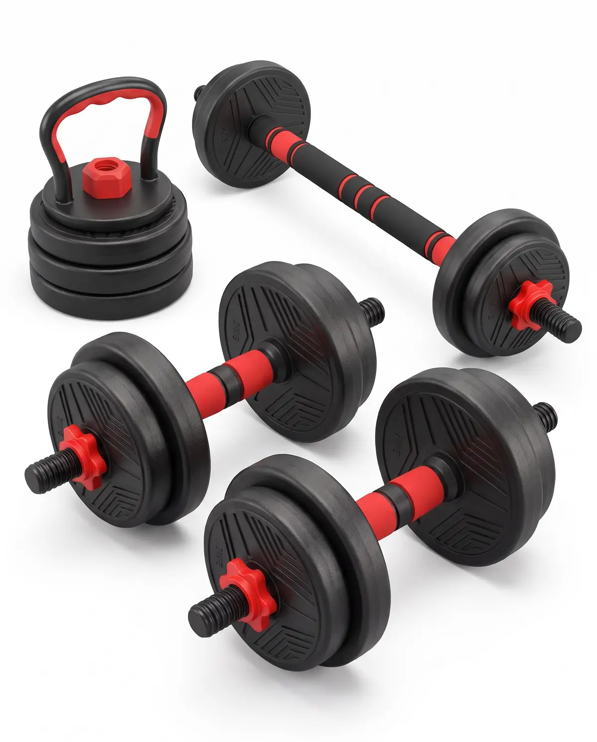 Kit Halter Ajustável 15kg 6 em 1 Halteres Barra Kettlebell e Flexão | Suporte para Flexão Travas de Segurança Peso Ajustável de 3 a 7kg por Lado Antiderrapante Academia em Casa Preto e Vermelho