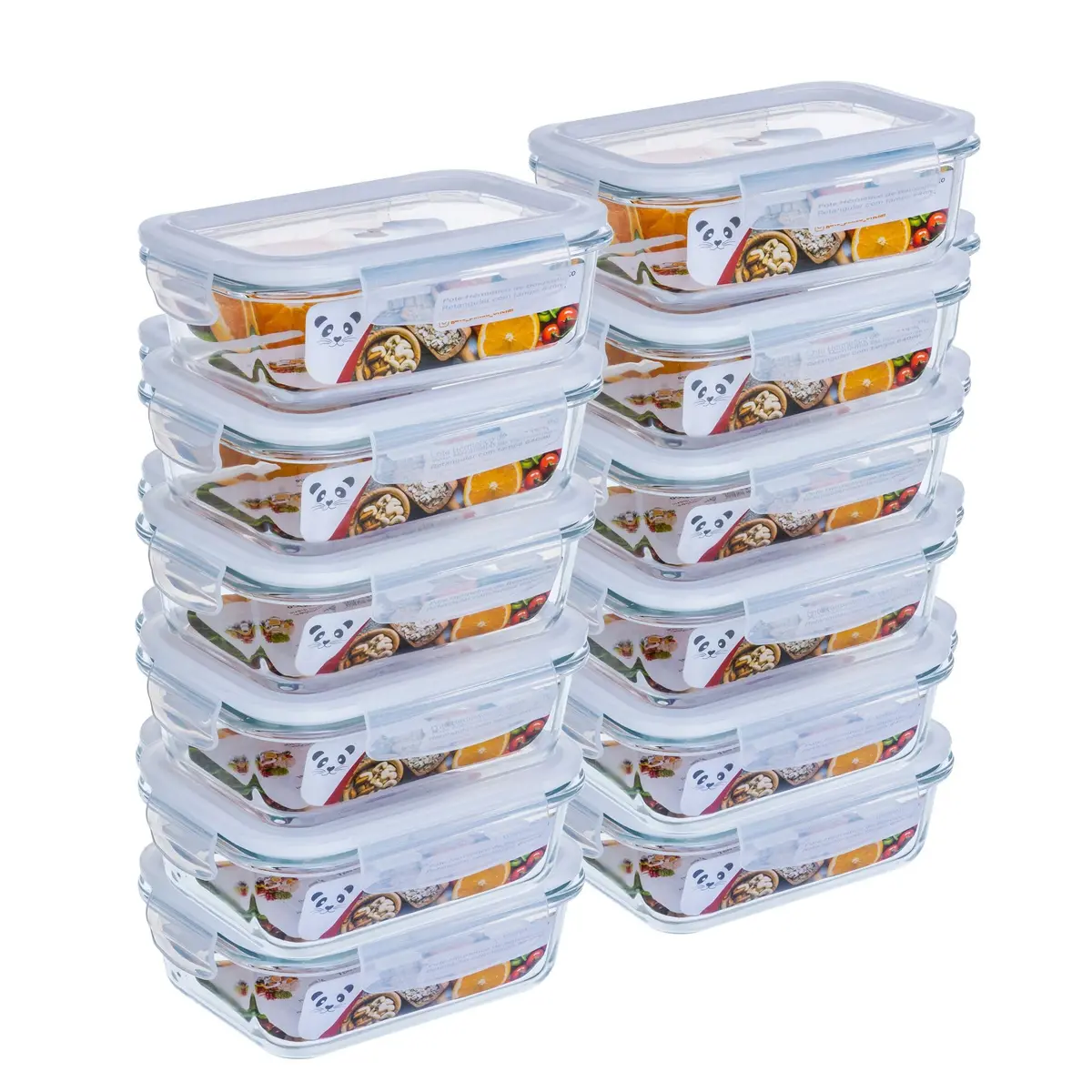 Kit com 12 Potes de Vidro Gato Panda, 640 ml, Retangular, com Tampa Hermética, Branco - 1