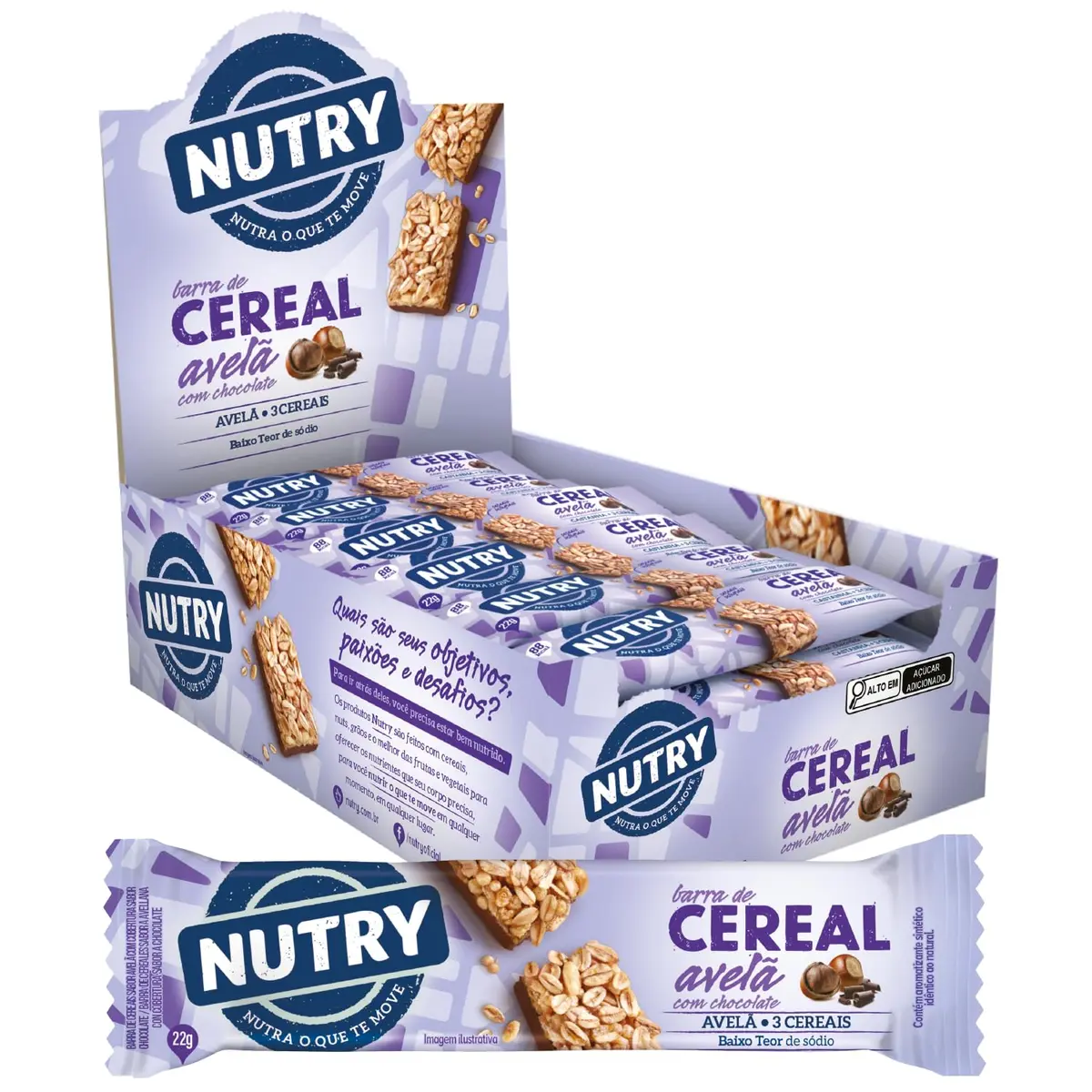 Nutry Barra de Cereais Avelã com Chocolate 22g - Display | Com 24 Unidades, 3 Cereais, Camada sabor Chocolate e Avelã