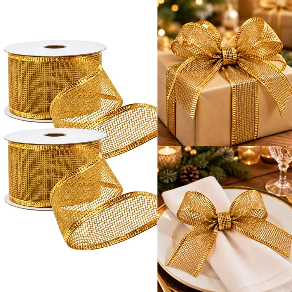 Kit 2 Fitas Decorativas Douradas Aramadas para Laços de Natal | A oferta contém 2 rolos de fita decorativa