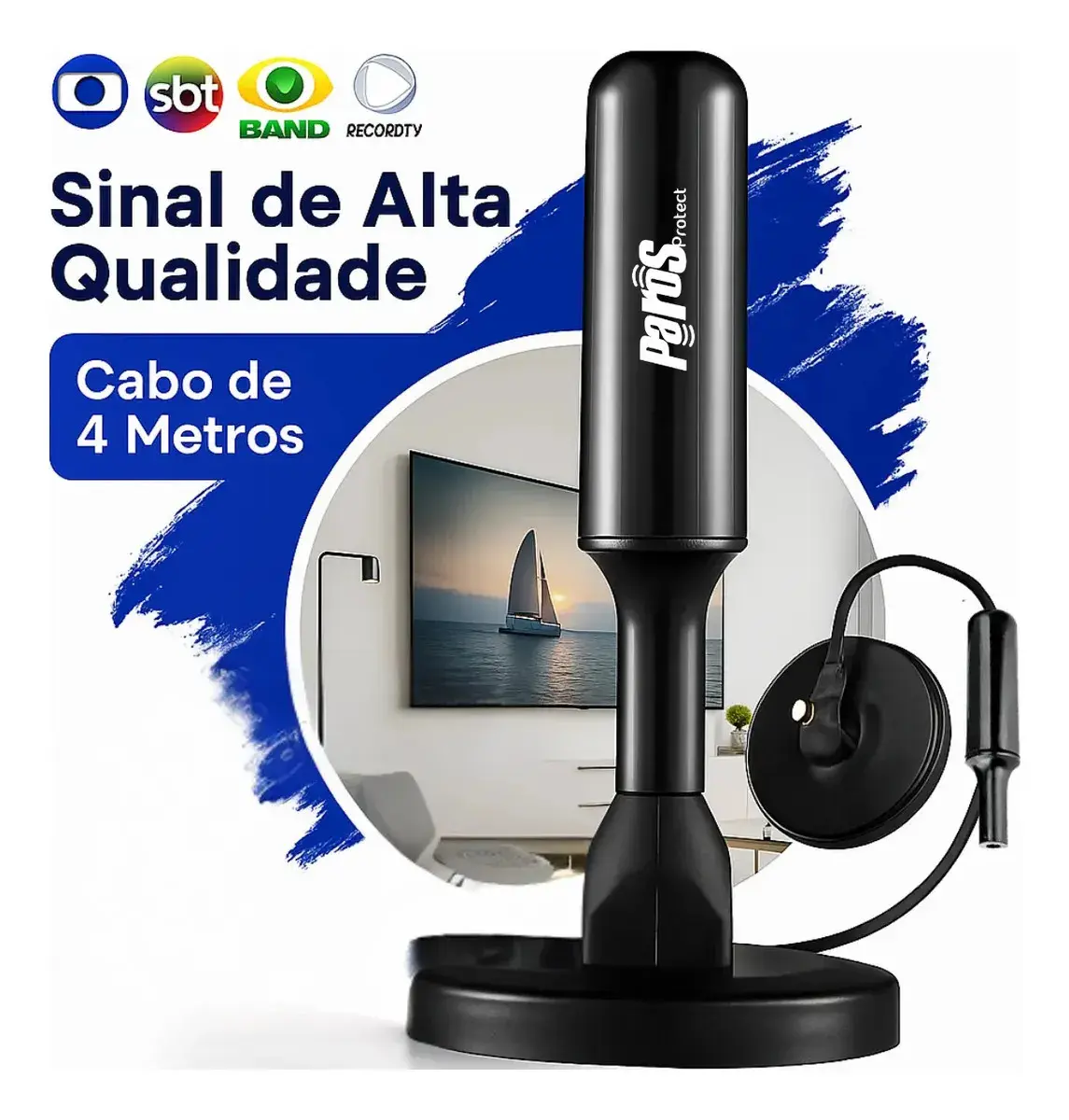 Antena Digital Interna Externa HDTV UHF Cabo Com Cabo Longo De 4 Metros Com Base Magnética Parosprotect - 1