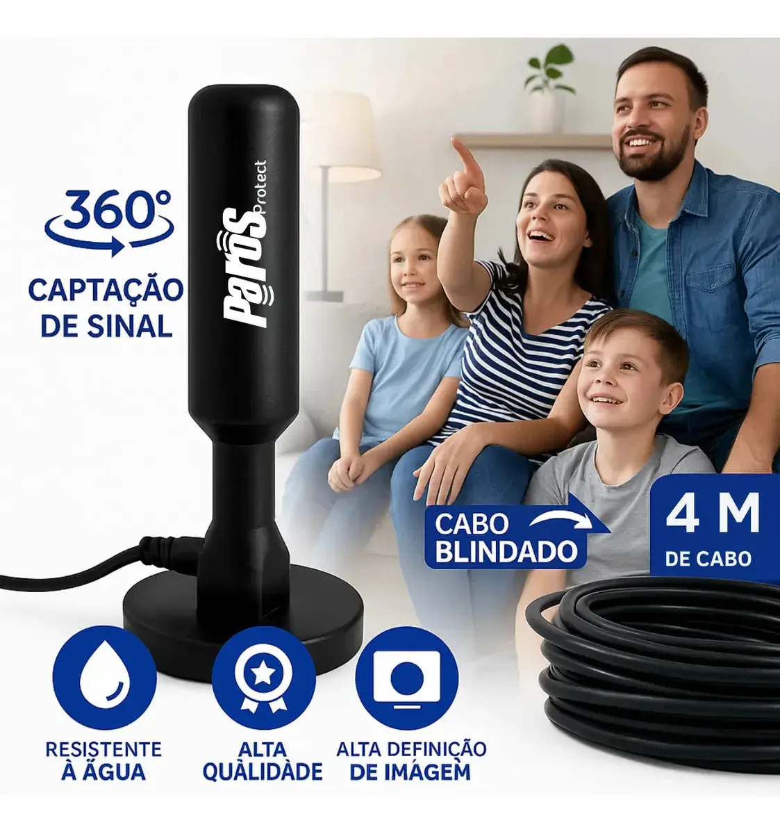 Antena Digital Interna Externa HDTV UHF Cabo Com Cabo Longo De 4 Metros Com Base Magnética Parosprotect thumbnail 3
