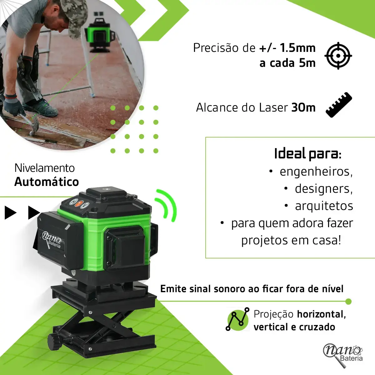 Kit Nível A Laser Verde 12 Linhas Esquadro + Suporte + Tripé Recarregavel Profissional Prumo Autonivelante Nano Bateria thumbnail 2