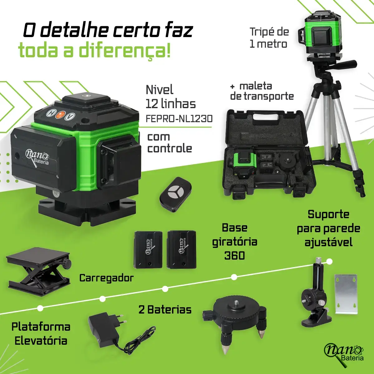Kit Nível A Laser Verde 12 Linhas Esquadro + Suporte + Tripé Recarregavel Profissional Prumo Autonivelante Nano Bateria thumbnail 3