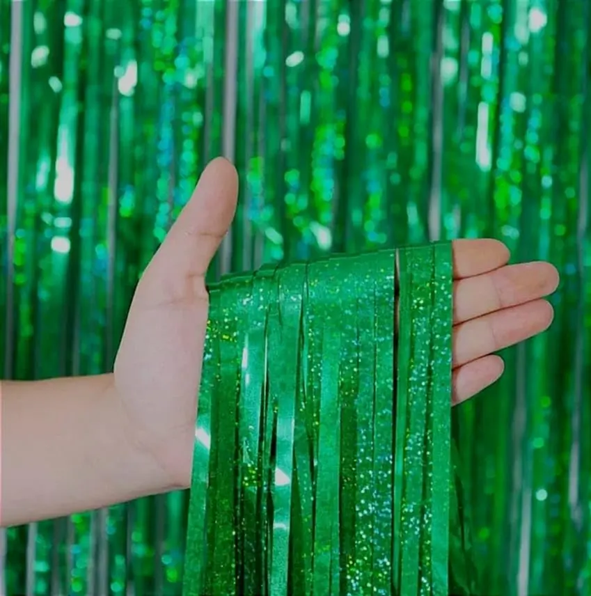 Kit 2pçs Cortina Metalica Holografica Decorativa 2x1 Metros (VERDE) | Decoração brilhante para festas, aniversários, casamentos e painéis fotográficos