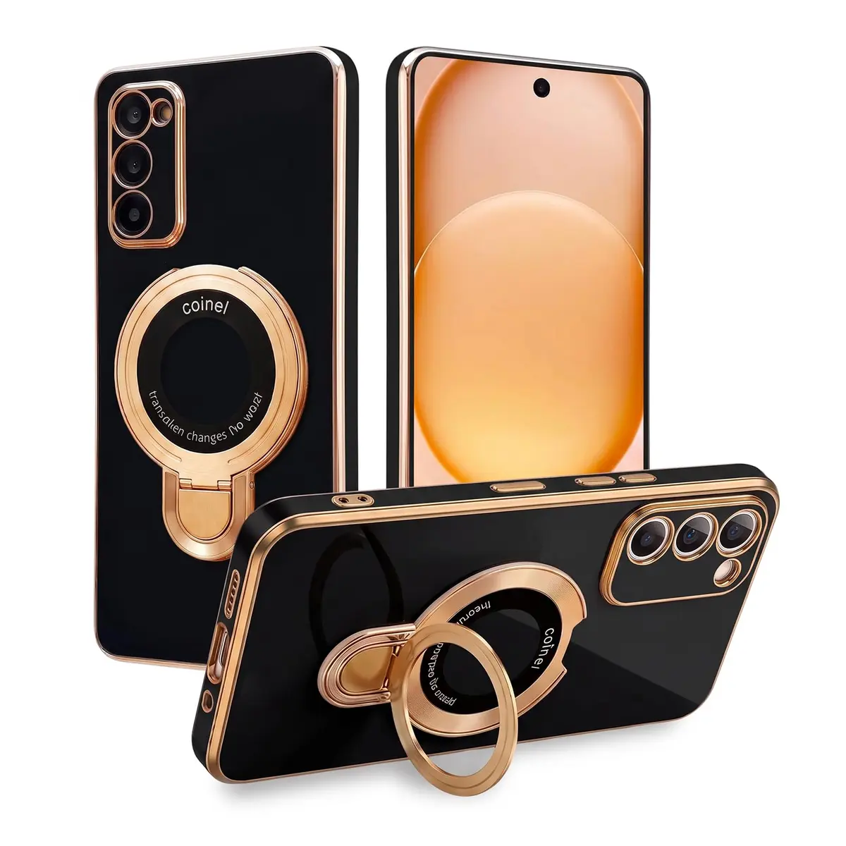 Capa Compatível com Samsung Galaxy A57 5G, Capinha Metalizada com Anel Magnético Giratório, Suporte Dobrável, Estrutura em PC e Proteção para Uso Diário(Preto+Drando)