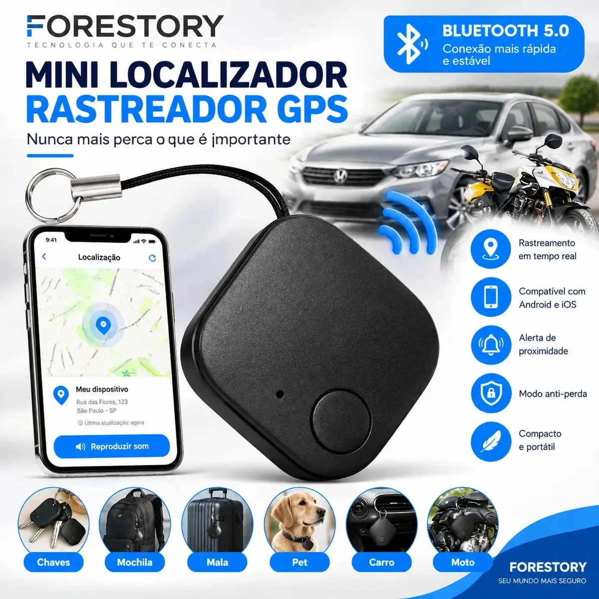 Mini Localizador Rastreador GPS Bluetooth para Android IOS Smart Tag Rastreador Antiperda Chaveiro Localizador Objetos rastreador para Chaves Mochila Mala Pet CarroCamera Remota Tire Fotos FORESTORY