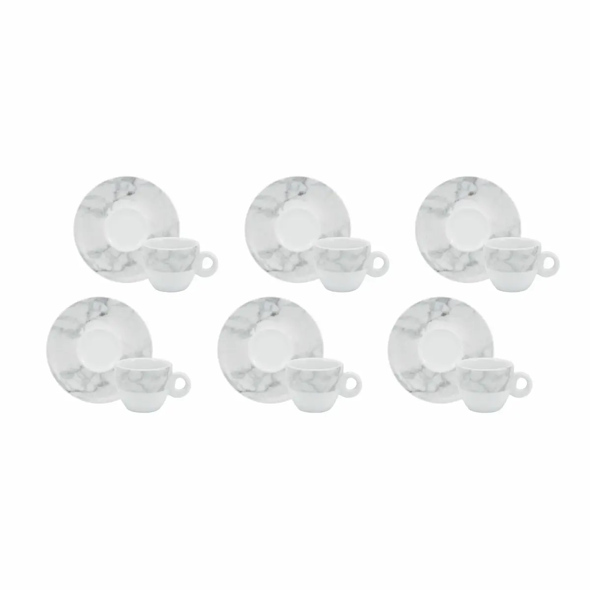 Estojo com 6 Xícaras de de Café com Pires. Modelo Redondo Voyage Coup. Decoração Mármore Cinza. Fabricado pela Porcelana Schmidt.