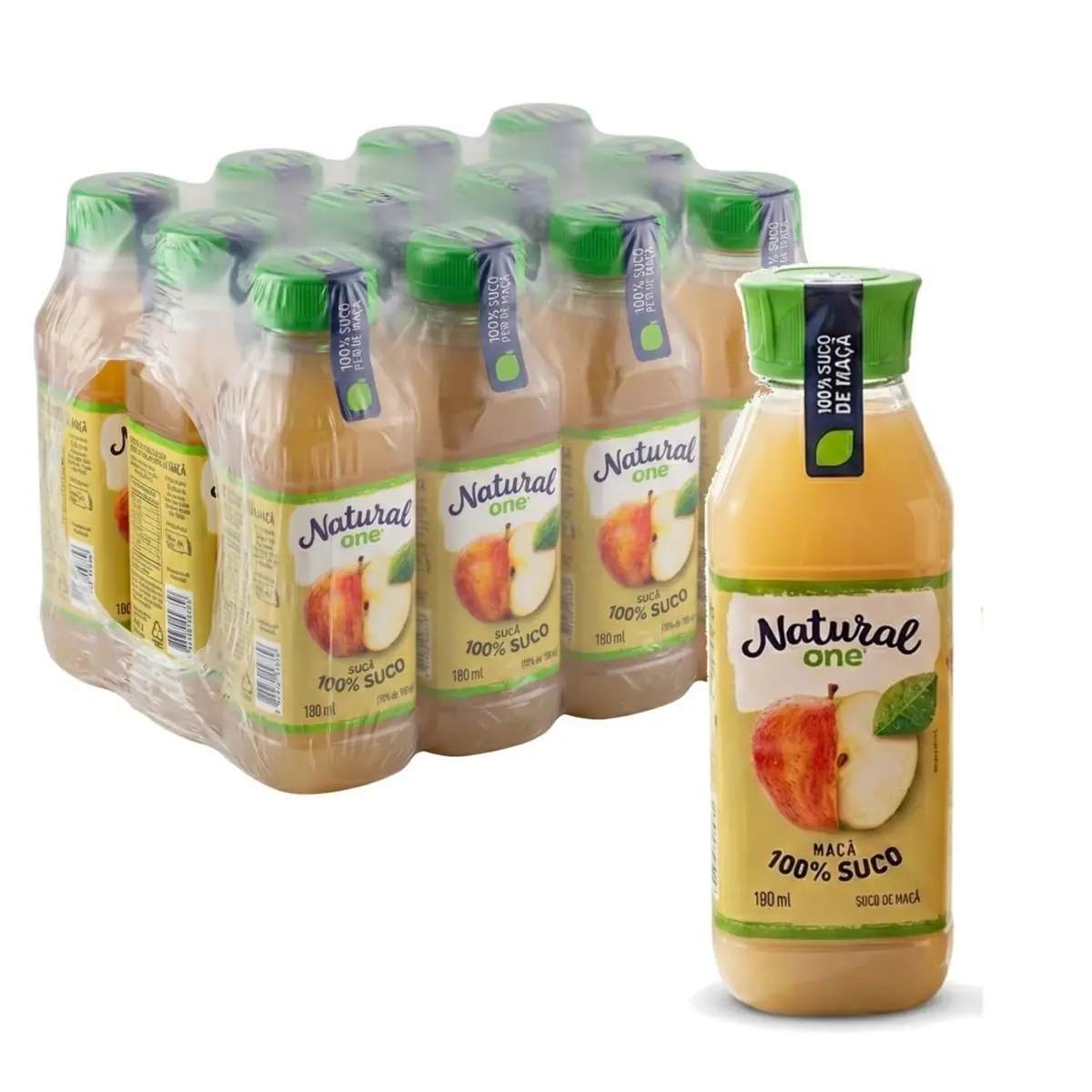 Kit com 12 Unidades - Suco de Maçã Integral NATURAL ONE 180ml - 100% Puro sem Adição de Açúcar - Naturalmente Doce - Prático para Lanches, Festas e Dia a Dia - 1