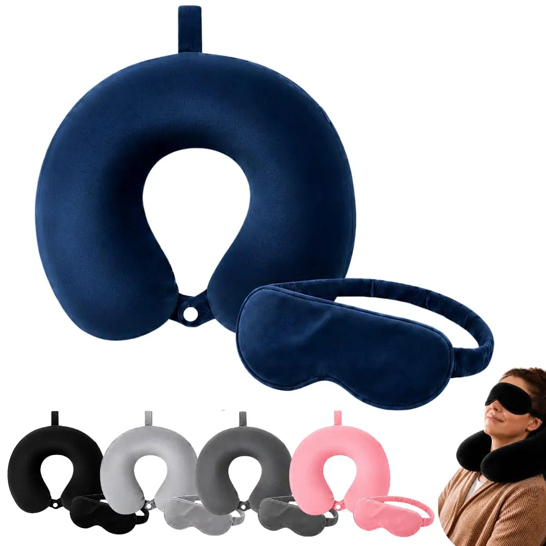 Almofada de Pescoço C/Espuma de Memória e Máscara para Olhos | Azul | Conforto e suporte para pescoço em viagens e momentos de descanso. Acompanha máscara para olhos para maior comodidade. - 1