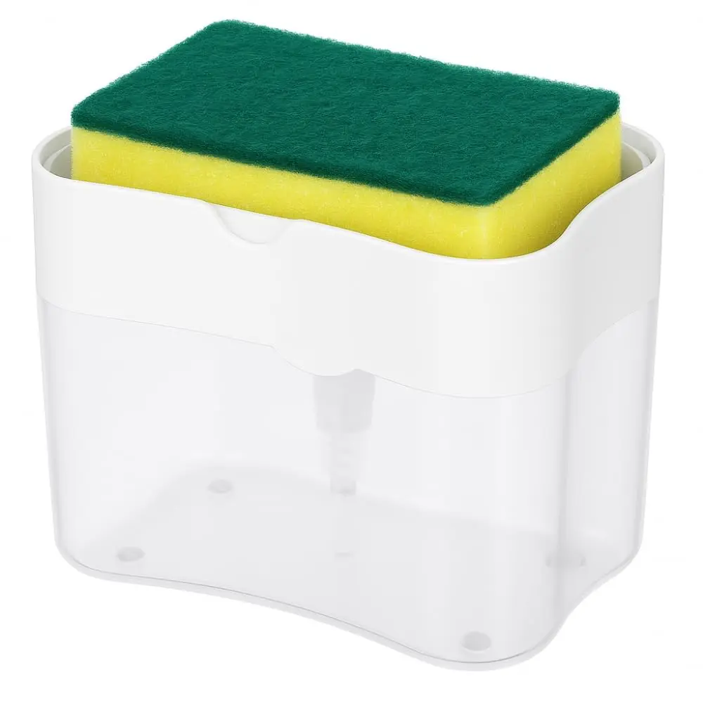 Dispenser De Detergente 600ml 2 em 1 Com Esponja Dosador Automático Ideal para Cozinha Organização e Limpeza Premium Porta detergente de Pia FONSES (BRANCO)