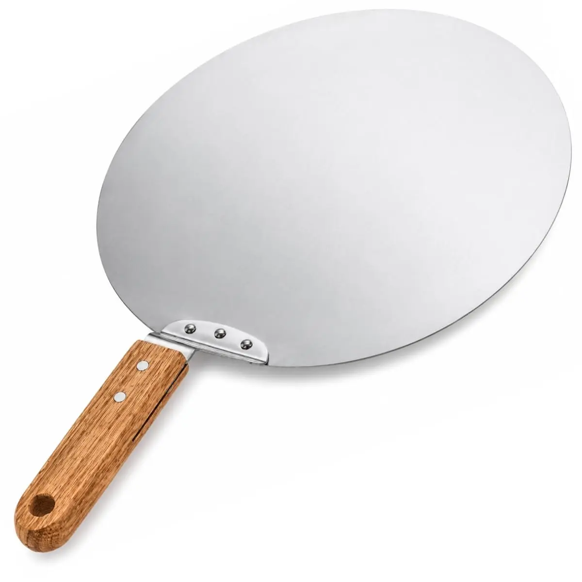 Pá de Pizza Redonda em Aço Inoxidável, 31cm, com Cabo de Madeira, para Pizza, Pães e Massas