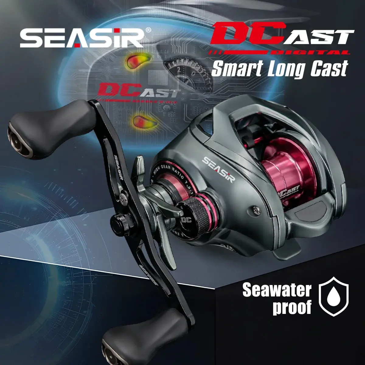 Carretilha de pesca SEASIR DCAST DC, com controle digital, para lançamentos longos, com anéis de carbono, engrenagens de latão, relação de tração 7,3:1, 7+1 rolamentos de esferas, força máxima de frenagem de 8,5 kg.