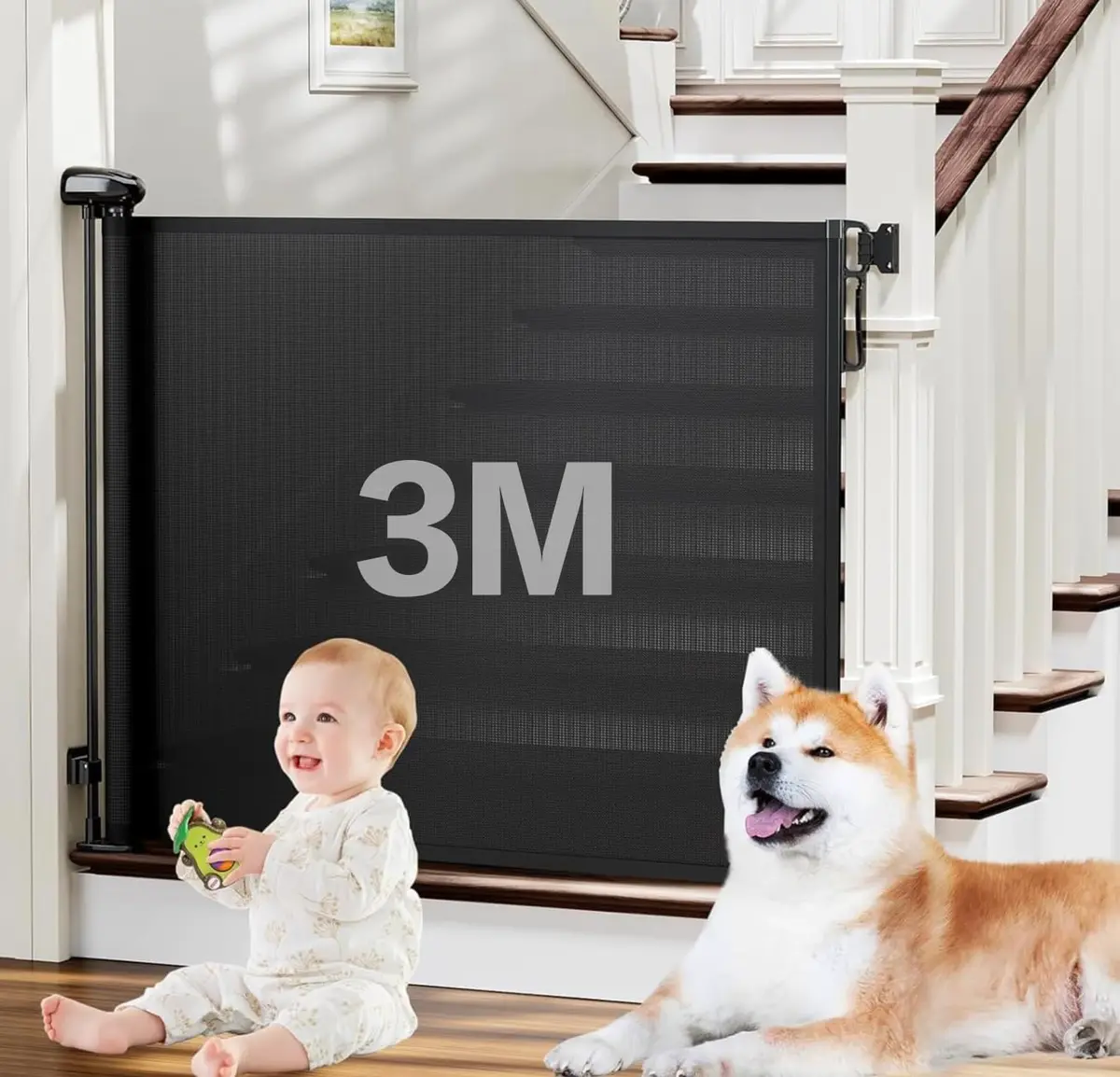 3m Portão Grade Retrátil de Proteção para Bebês e Cachorros, Portaozinho de Escada Instalação Sem Furos, Trava Dupla,Operação com uma mão,Portao Segurança Bebê Pet, Cercado para Cachorros（ preto） - 1