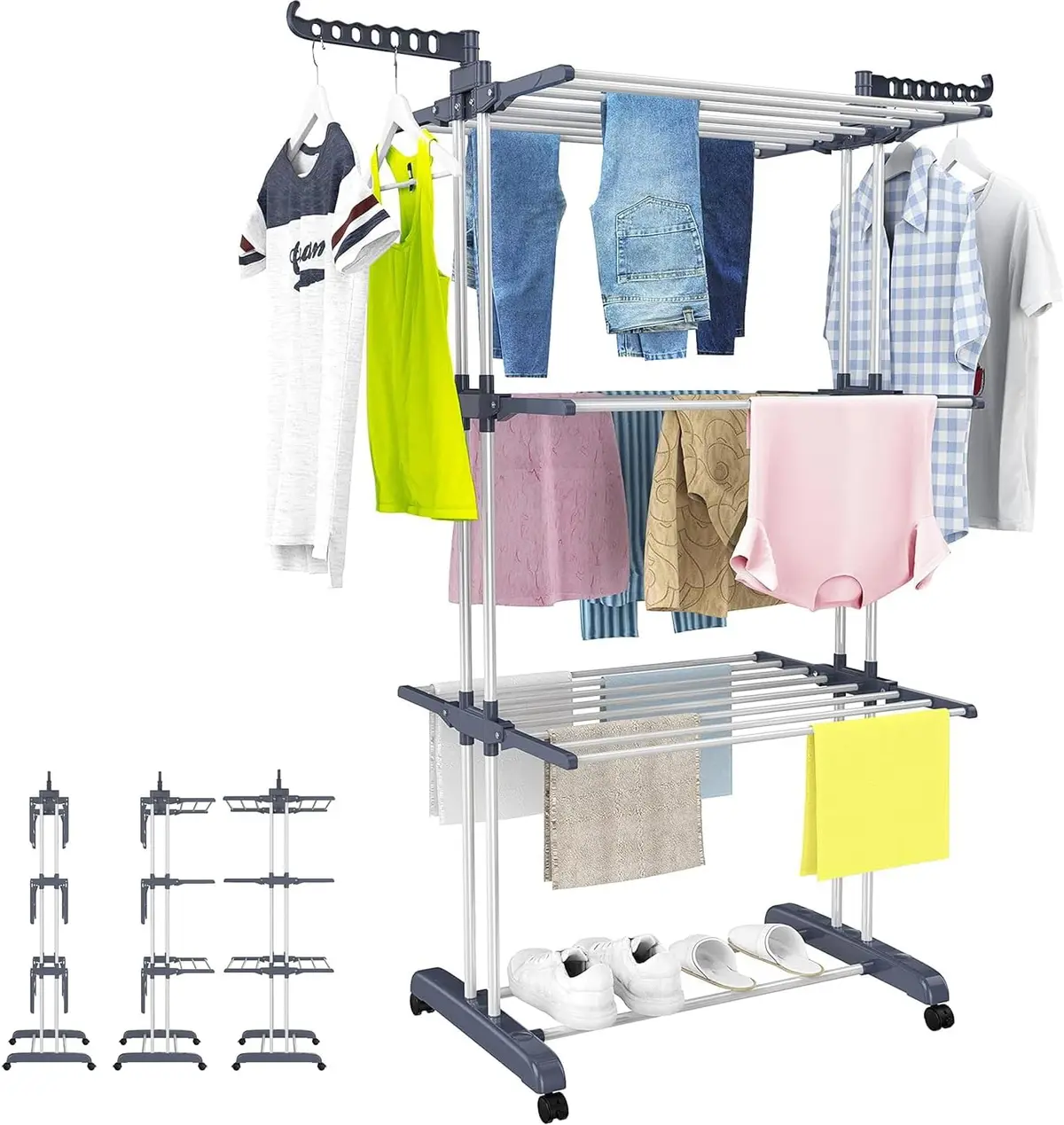 Varal de Chão 3 Andares Aço Inoxidável, Varal, Varal de Chao 3 Andares | Varal de Chão, Varal de Chao Dobravel 3 Andares, Dobrável Compacto com Rodízios, Antiderrapante, Ideal para Roupas Íntimas - 1