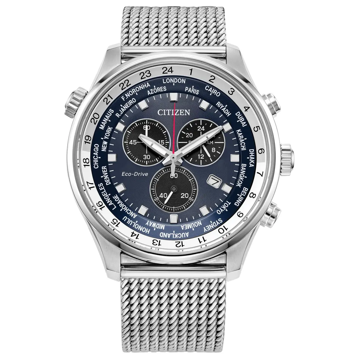 Citizen Men's Sport Luxury Eco-Drive Chronograph Watch, 12/24 Hour Time, Date, 100 Meters Water Resistant, Stainless Steel
