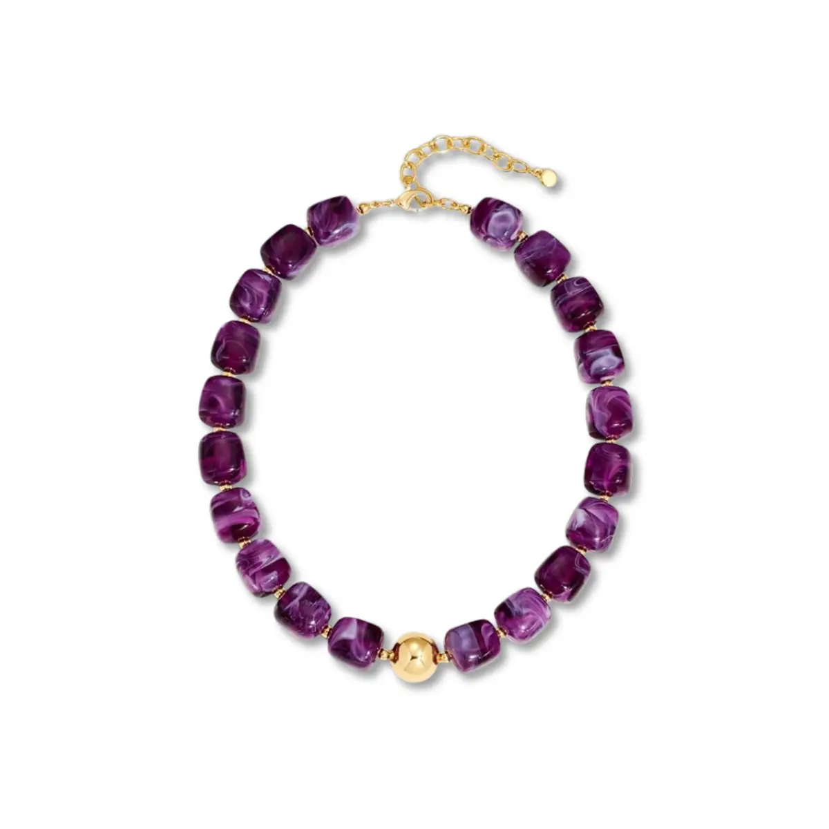 Colar Feminino Gargantilha Roxa de Resina Marmorizada com Esfera Dourada, Ajustável, Moda Elegante, Moderna, para Praia, Festa, Jantar e Looks Sofisticados