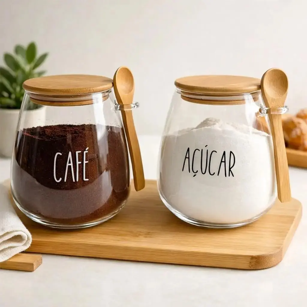 Kit 2 Potes de Vidro com Tampa e Colher de Bambu, Café e Açúcar, 650 ml, Hermético, Vidro Borossilicato - 1