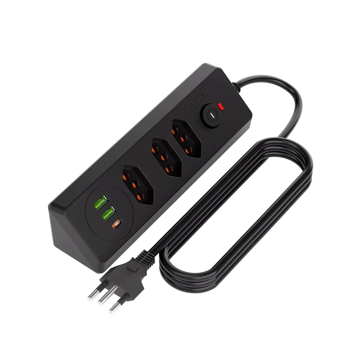 Extensao Eletrica, Extensão Tomada, Régua de Energia, 3 Tomadas, 2 Interfaces USB, 1 Porta USB Tipo-C, Cabo de Alimentação de 1,8 Metros, Suporte a Tensão de 100-240V, 16/20A, 4000W (Preto) - 1