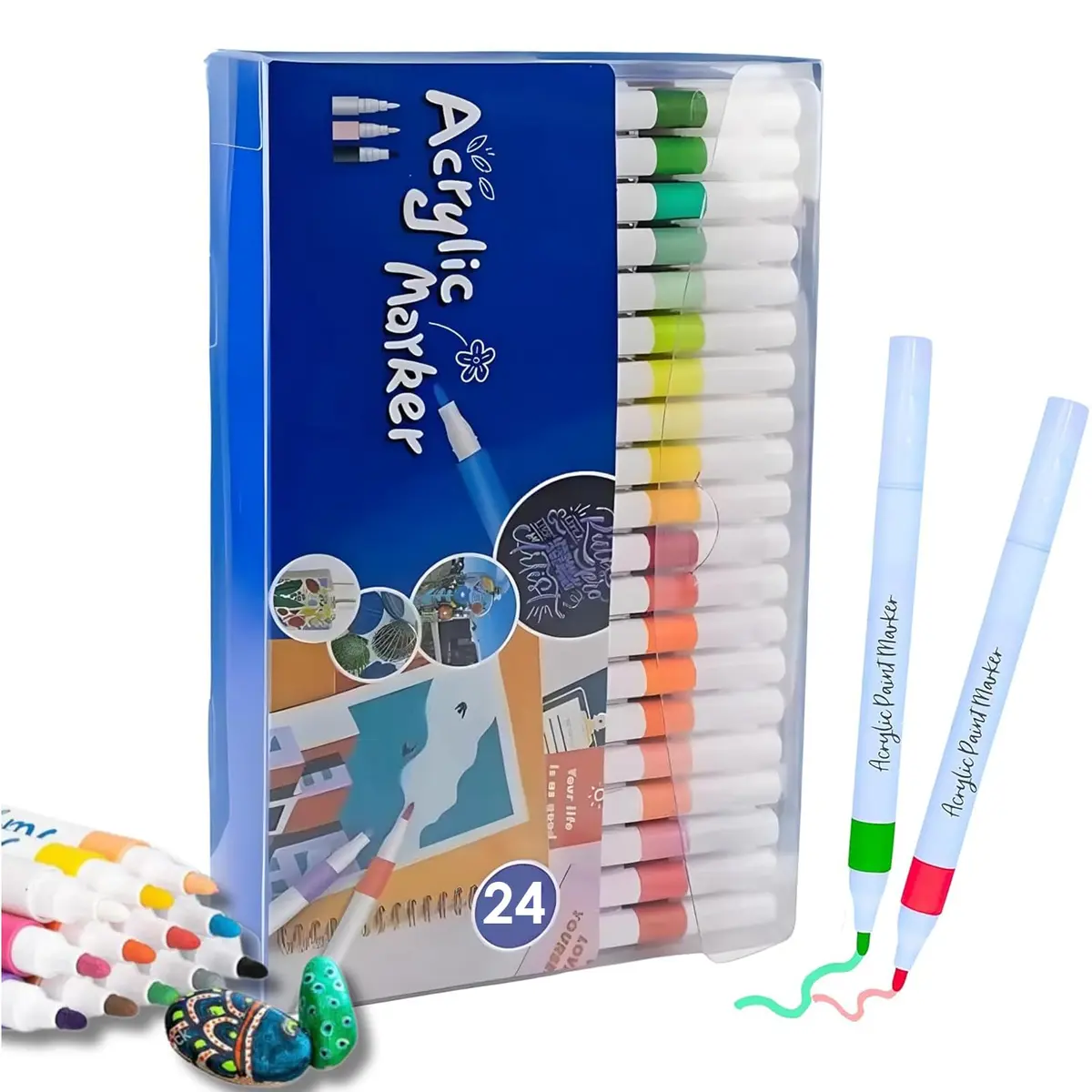 Conjunto de Canetas Acrílicas Triangulares para Artesanato e Pintura em Pedra, Madeira, Tela, Vidro e Cerâmica – Marcadores de Tinta Acrílica para Crianças e Adultos (Ponta simples-24 cores)