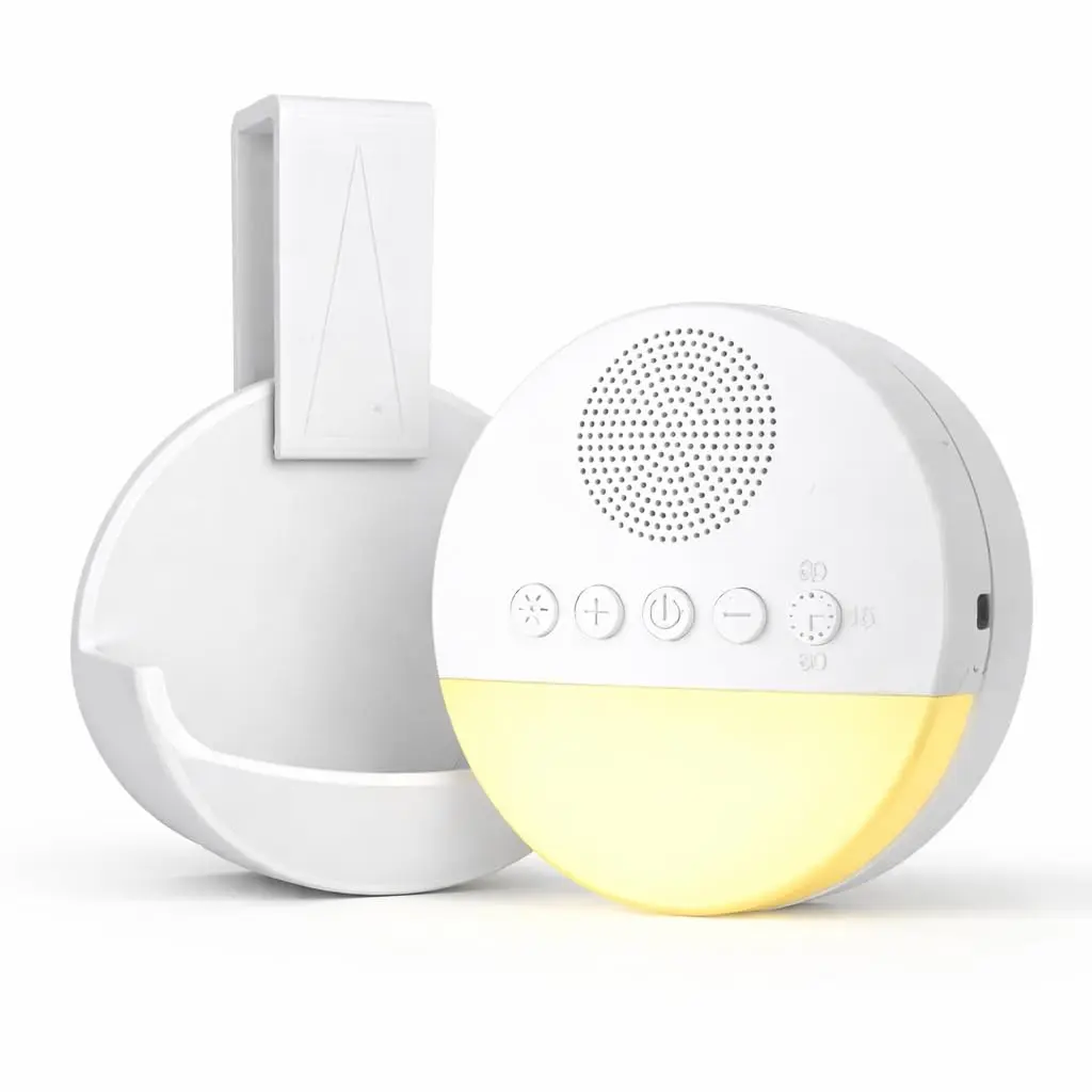 Aparelho de Som Ruído Branco para Bebê com 20 Sons Relaxantes Acompanha Suporte Para Encaixar no Berço, Luz Noturna Suave, Timer 15 30 60 Minutos e Contínuo, USB Recarregável, Ideal para Ninar, Sono Profundo e Acalmar Choro