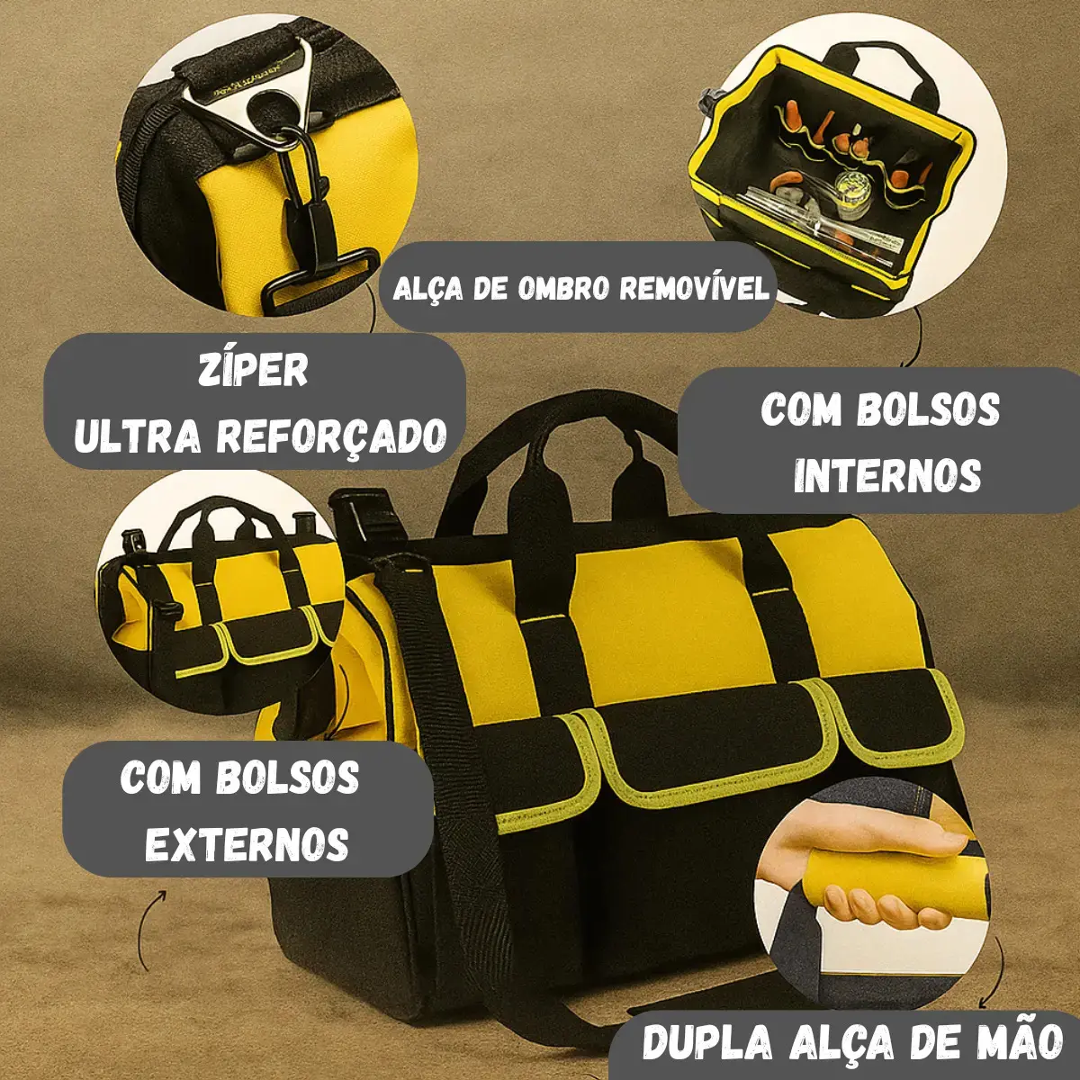 Bolsa Ferramentas Grande Reforçada Manutenção Eletricista Com Alça Amarela 16 Divisões Fundo Rígido thumbnail 2