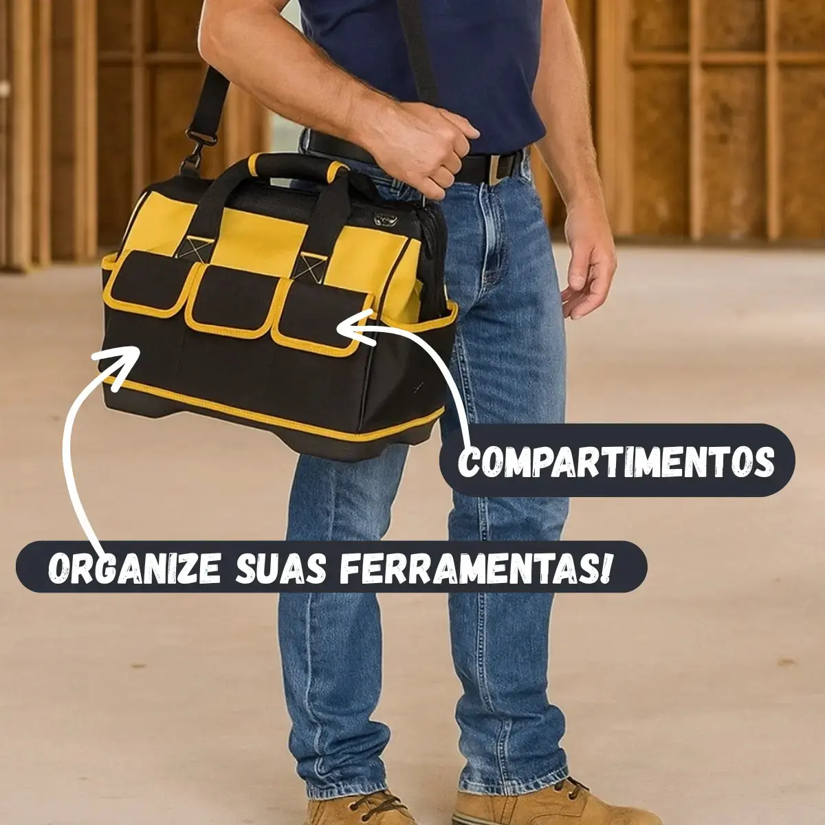Bolsa Ferramentas Grande Reforçada Manutenção Eletricista Com Alça Amarela 16 Divisões Fundo Rígido thumbnail 3