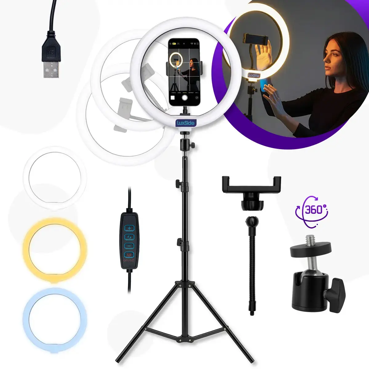 Ring Light 10 Polegadas Com Tripé 2,10m Profissional Video Maker Suporte Celular E Led 3 Cores Iluminação Maquiagem E Gravações Luxside - 1