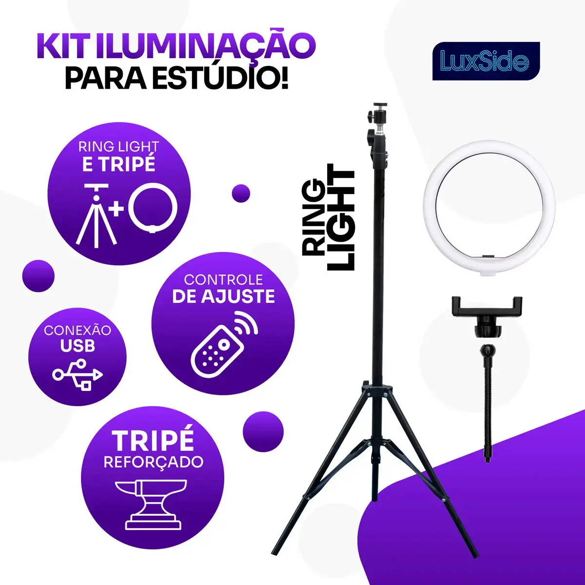 Ring Light 10 Polegadas Com Tripé 2,10m Profissional Video Maker Suporte Celular E Led 3 Cores Iluminação Maquiagem E Gravações Luxside thumbnail 2