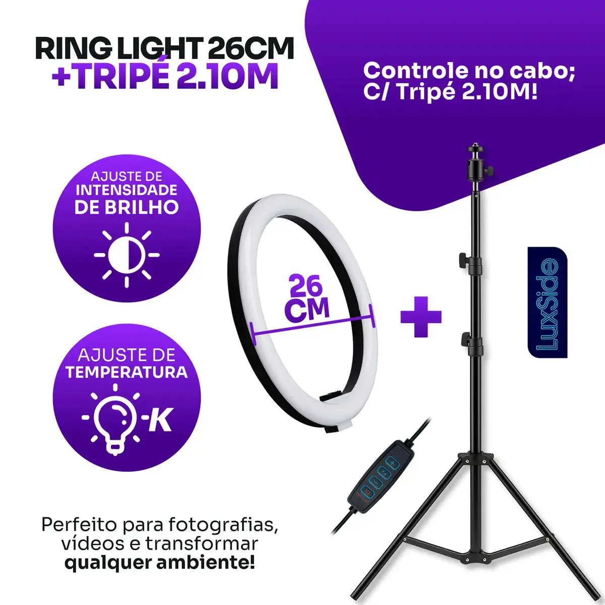 Ring Light 10 Polegadas Com Tripé 2,10m Profissional Video Maker Suporte Celular E Led 3 Cores Iluminação Maquiagem E Gravações Luxside thumbnail 3