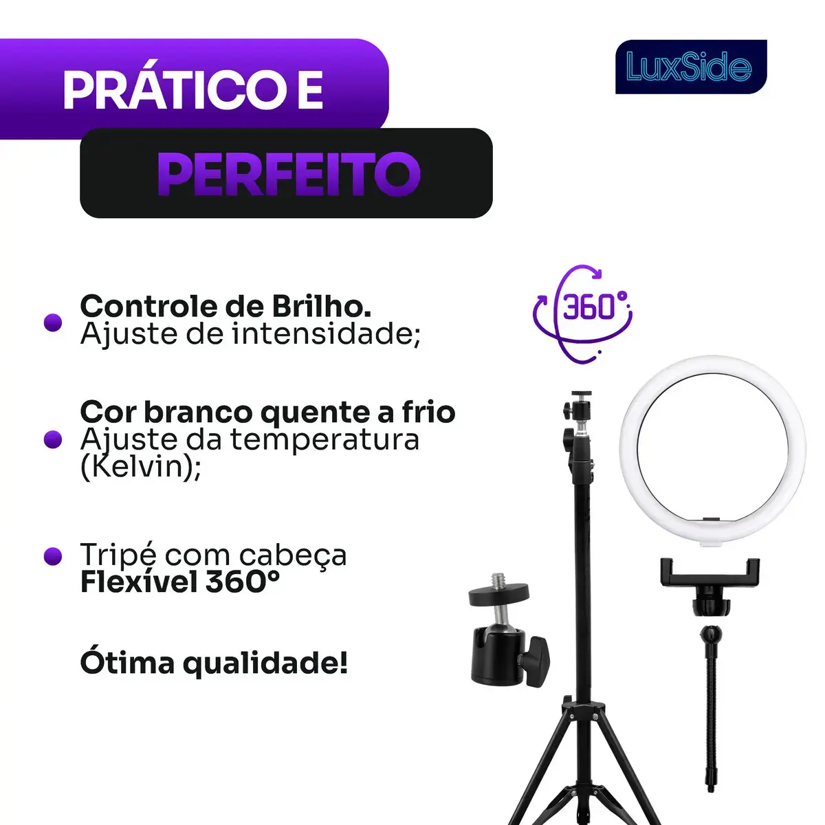 Ring Light 10 Polegadas Com Tripé 2,10m Profissional Video Maker Suporte Celular E Led 3 Cores Iluminação Maquiagem E Gravações Luxside thumbnail 4