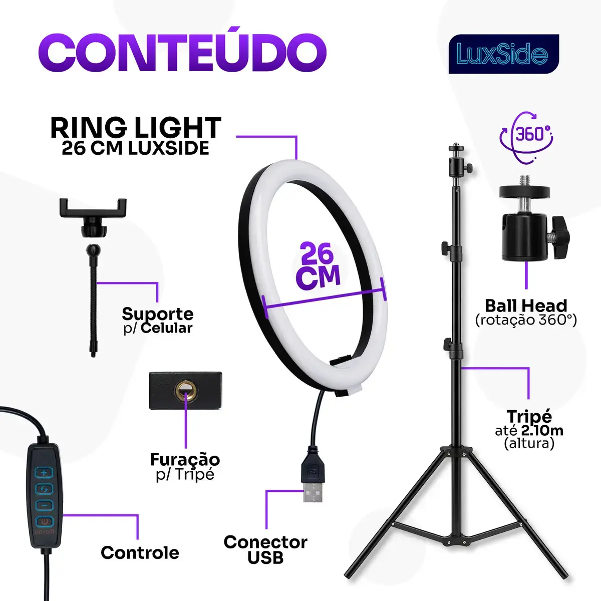 Ring Light 10 Polegadas Com Tripé 2,10m Profissional Video Maker Suporte Celular E Led 3 Cores Iluminação Maquiagem E Gravações Luxside thumbnail 5