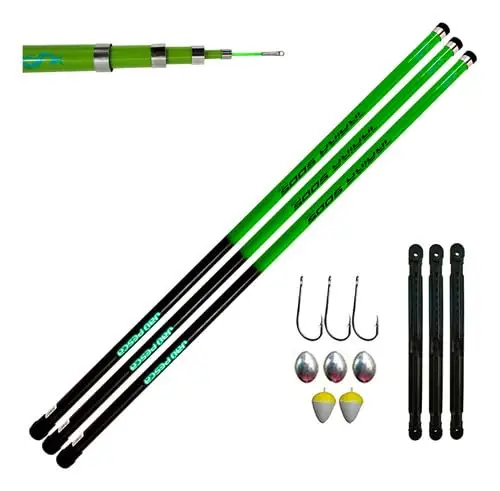 JP Traira Kit 03 Varas Telescópicas Gomo Longo 5,00m - Verde com Acessórios