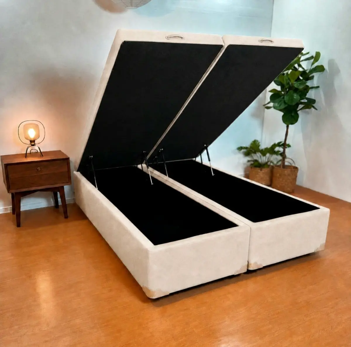 Cama Box Baú Bi-partida Queen 158 Plenna Box - Blindada, Super Reforçada | 7 Travessas de madeira, cantos arredondados, Pistão a gás