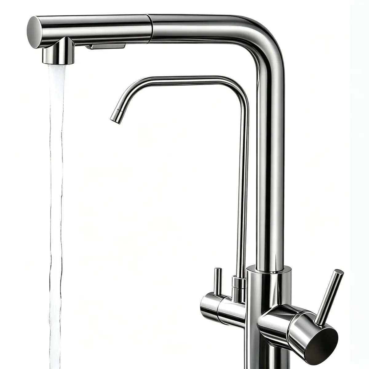 Torneira de Cozinha 3 em 1 com Efeito Cascata e Ducha Retrátil Prateado | Efeito Cascata, Saída para Água Potável e Ducha Retrátil, 2 Registros Independentes e Acabamento em Níquel Escovado